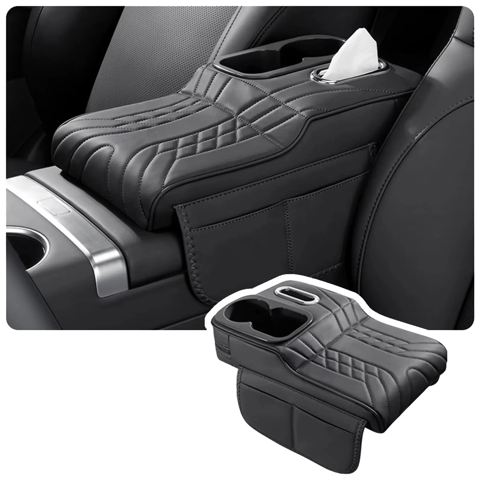 Tech Car Accessories - カーアームレストボックス用高さ調整パッド、PUレザー製アームレストクッション、カップホルダー、ティッシュボックス、サイド収納ポケット、カーインテリアアクセサリー